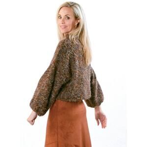 Bryn Walker Virgin Wool Blend Sweater Puff Sleeve Brown Multi Size Medium Luxury
